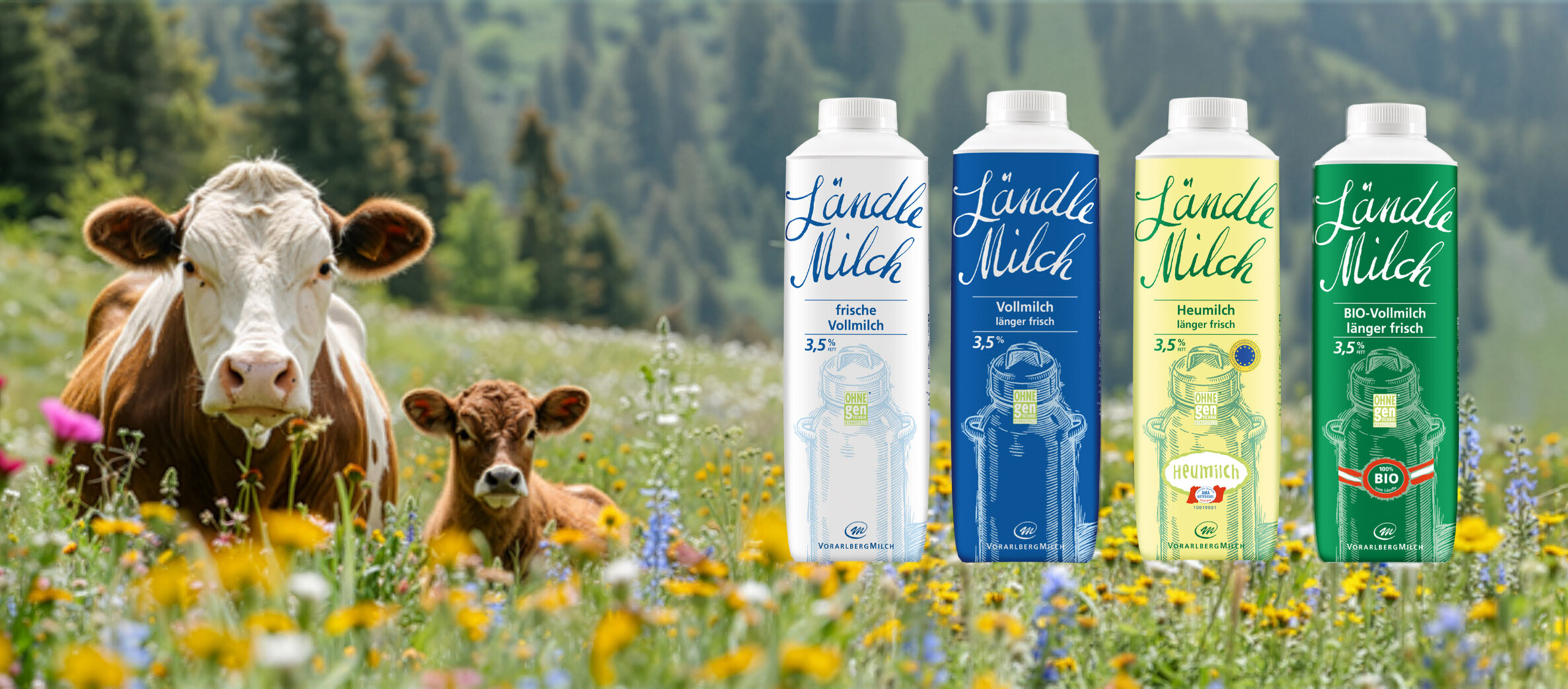 Vorarlberg Milch Eine Kuh steht in einem Blumenfeld.