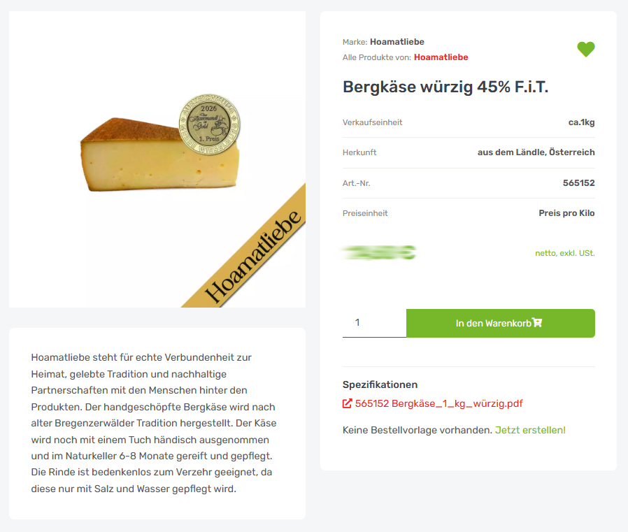 Produktseite Überarbeitete Produkteseite mit Produktbild, Tabellen